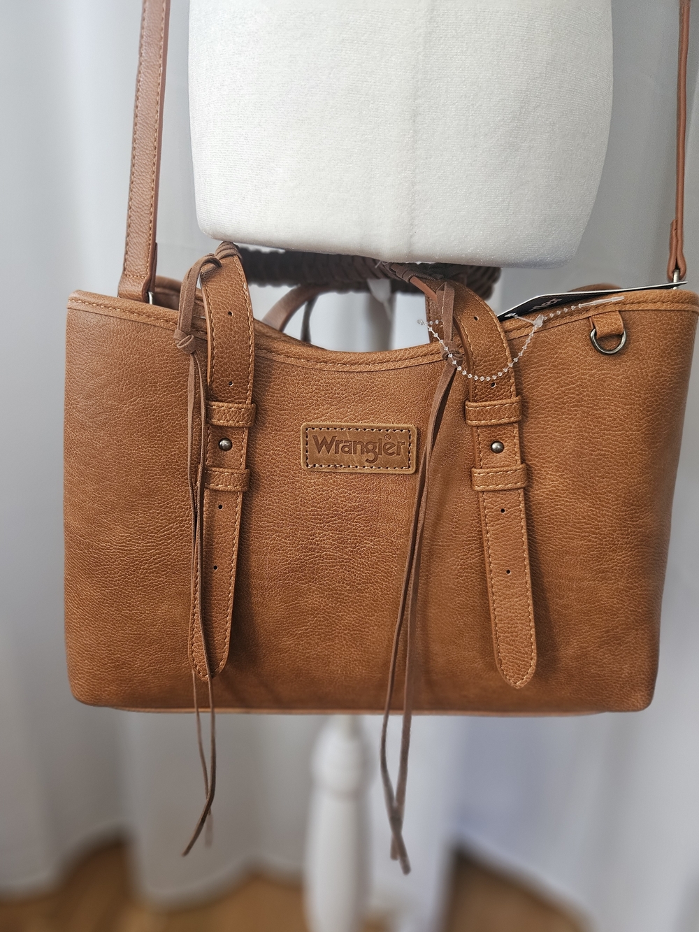 NWT Wrangler Faux Leather Tote Bag Tan Western Braided Handle Fringe Accent